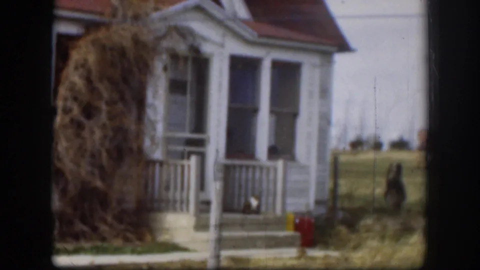 1958 Kansas farmhouse porch: white balusters and columns, large dried brush pile at left, small red object near porch steps, red roof partially visible above.