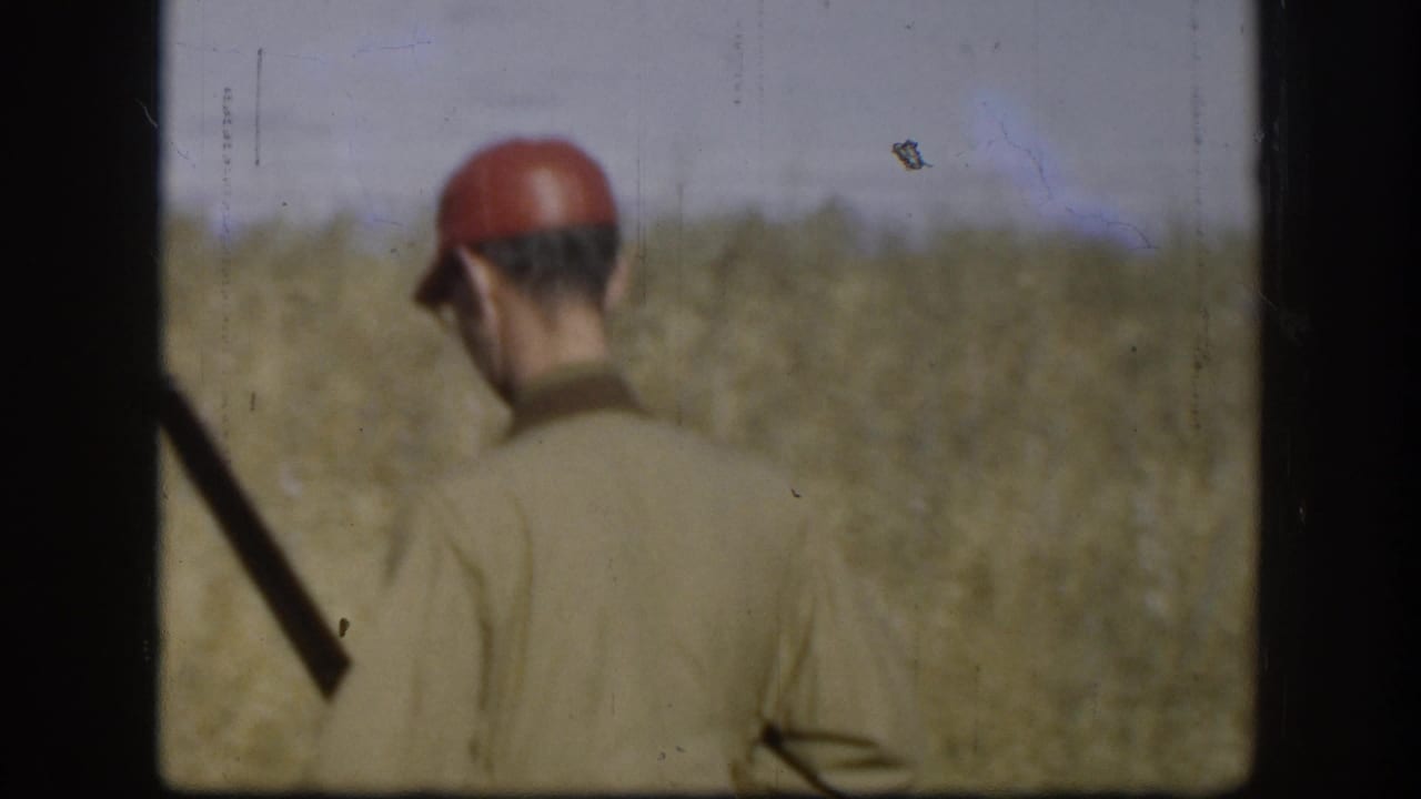 Man in tan hunting vest and red cap seen from behind, rifle at his side, standing in a golden Kansas prairie field, circa 1958.