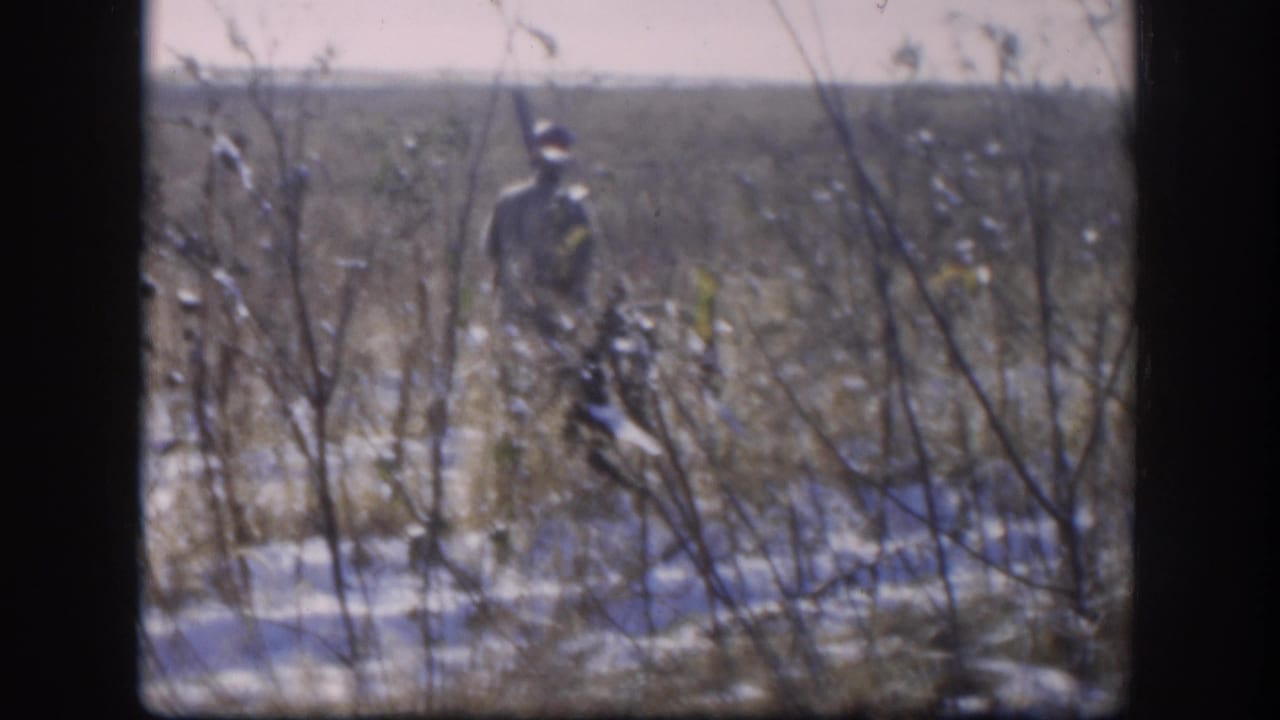 1958 Kansas 8mm home movie: hunter seen from inside through a window, moving through winter scrub brush with snow on the ground and bare branches in the foreground.