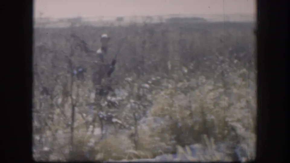 1958 Kansas 8mm: hunter in open winter field with sparse brush at frame edge, flat Midwest landscape under a pale overcast sky.