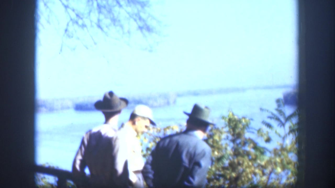 Three men in hats viewed from behind at a lakeside overlook, green shrubs in foreground, calm water and blue sky behind.