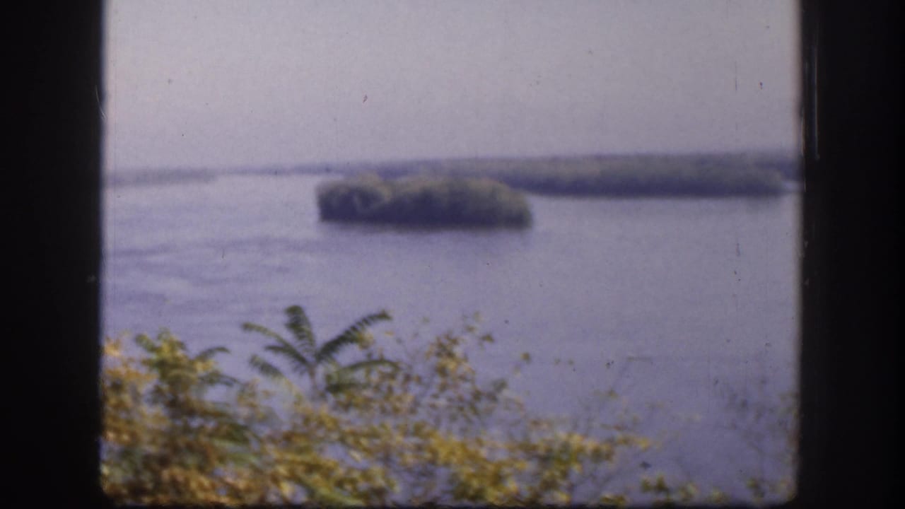 Wide river viewed from an elevated overlook with several tree-covered islands in the water, framed by warm-toned foreground foliage, Kansas, USA, circa 1958.