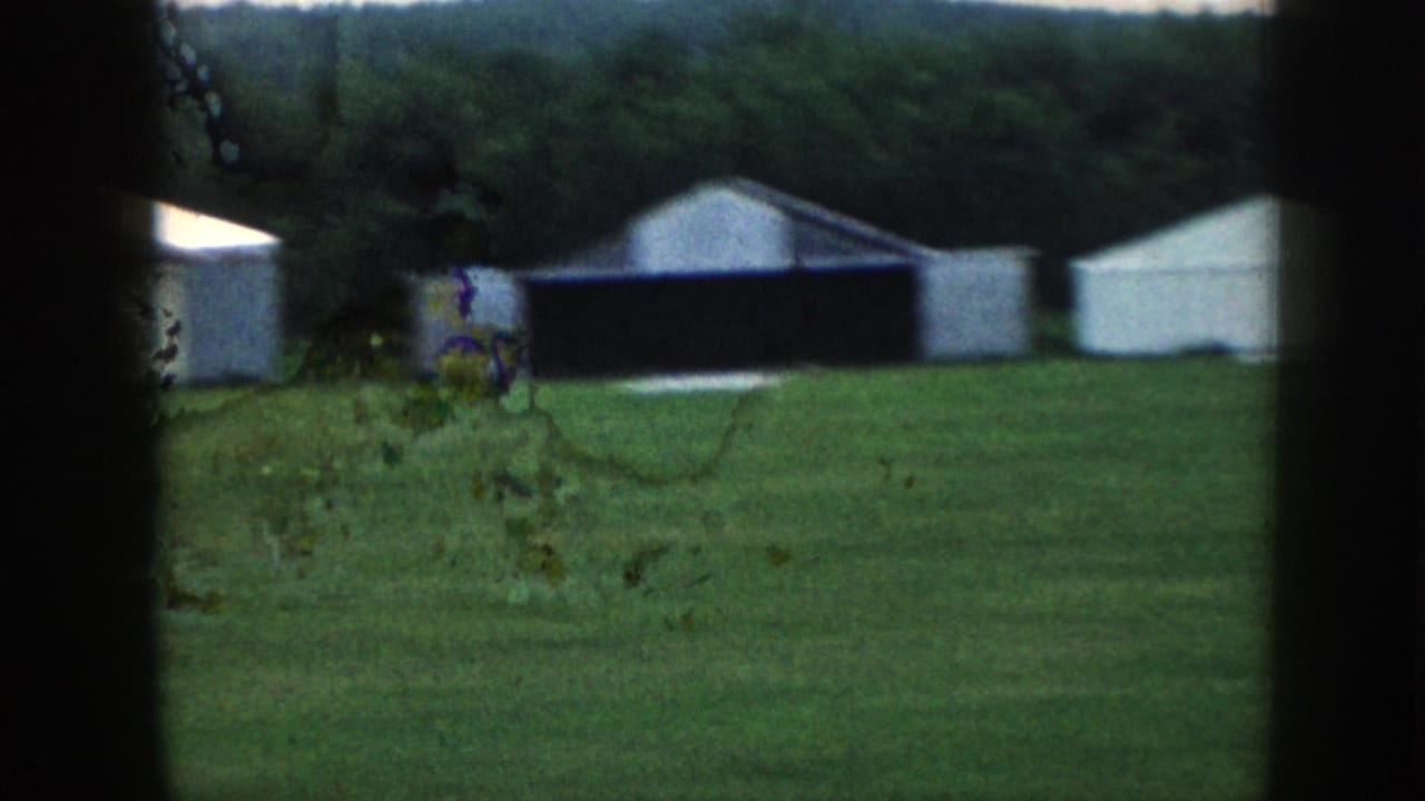 Ground-level view of a grass airstrip with white and dark outbuildings along the tree line.