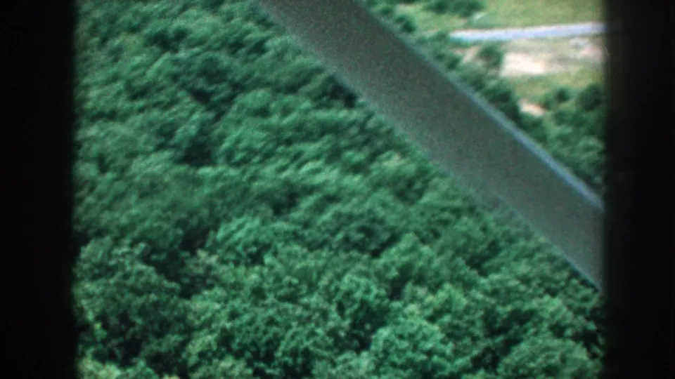 Final aerial frame circa 1958 showing dense Nebraska forest below with an aircraft strut crossing the view and what may be a road or field edge at the right margin.