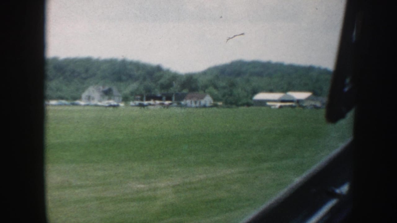 Green pasture with distant white farmhouses and wooded ridge, vehicle door frame at right edge; 8mm grain and muted color throughout.