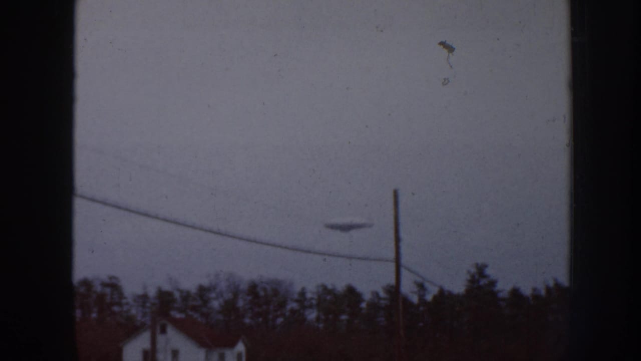 Overcast grey sky above a rural treeline with utility wires and poles; a small dark shape is visible in the upper sky.