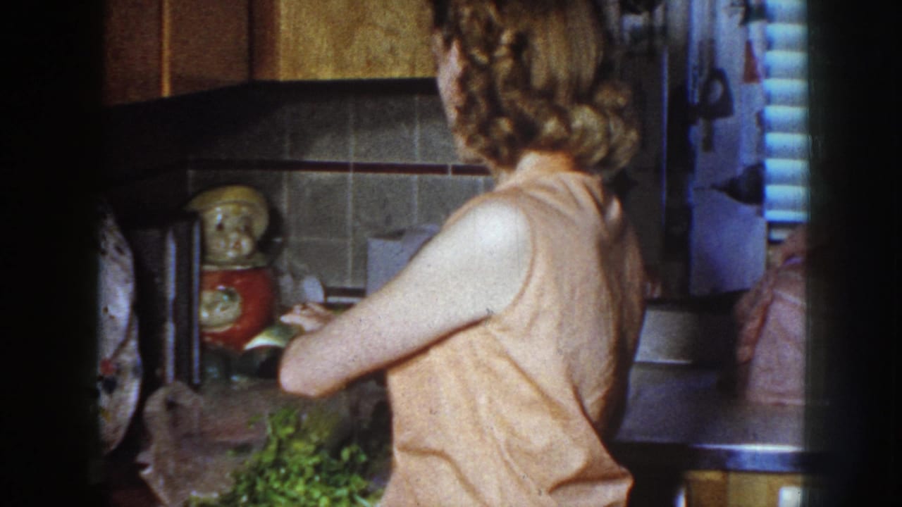 Adult woman in a 1958 Nebraska kitchen faces the counter near celery, a tiled wall, and a decorative ceramic figurine.