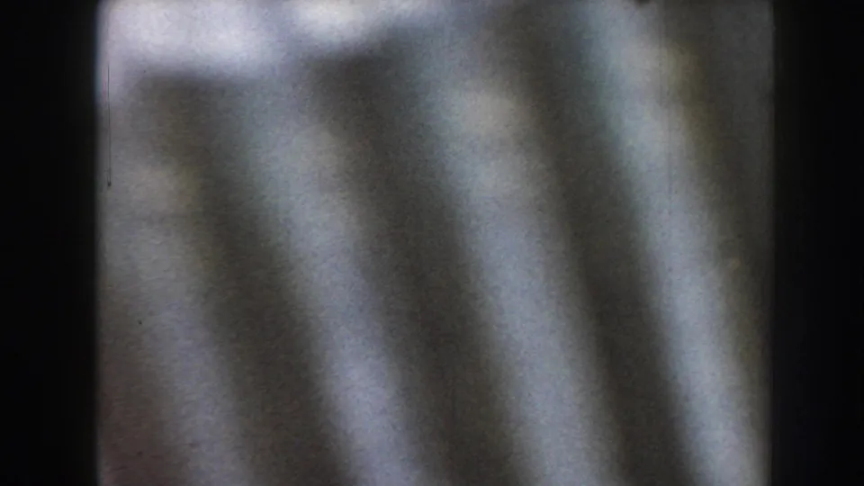 Soft, out-of-focus 8mm frame with vertical streaking or motion blur, likely between views of the farm work scene.