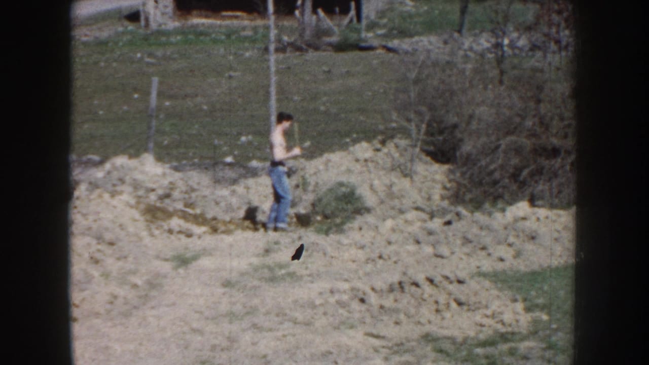 Man stands with a shovel on a pale dirt pile near grass and brush.