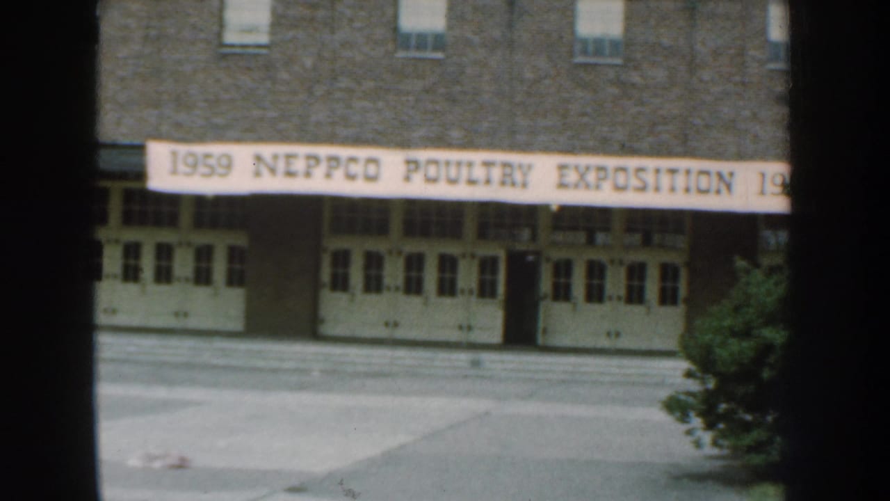 1959 Nebraska home-movie frame showing a brick building facade with a NEPPCO Poultry Exposition banner above white double doors.