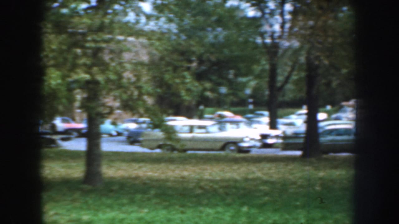 1959 Nebraska home-movie frame showing parked mid-century cars seen through dark tree trunks and green lawn.