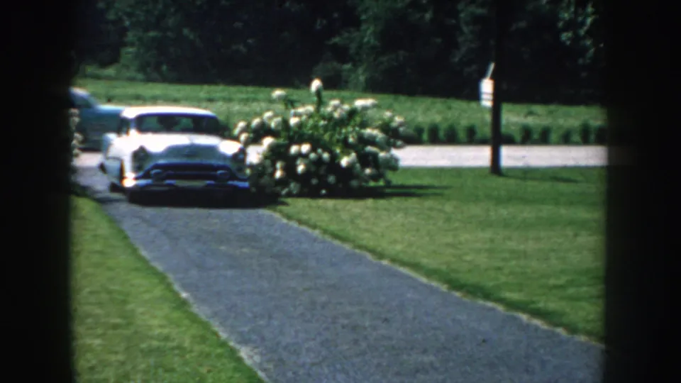 A light-colored mid-century car appears farther back near the driveway and flowering shrubs in the 1959 Nebraska scene.