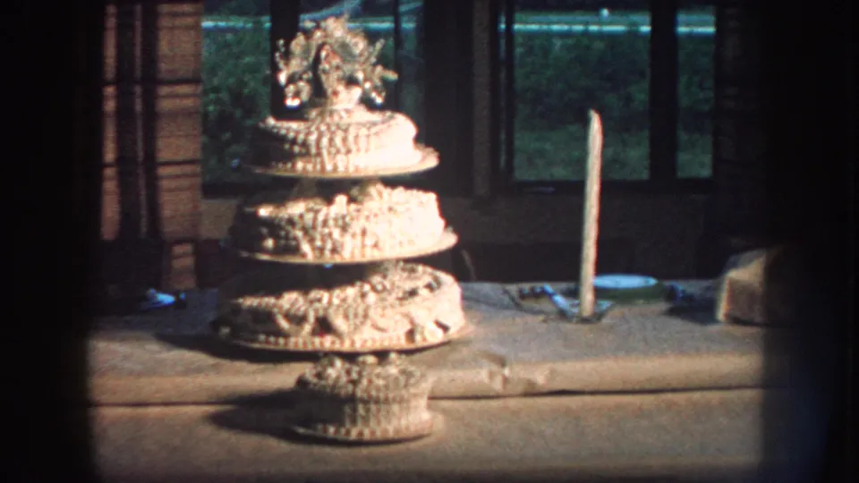 Nebraska 1959 8mm frame holding on the wedding cake display, with frosting decoration, candle, tablecloth, and window light.
