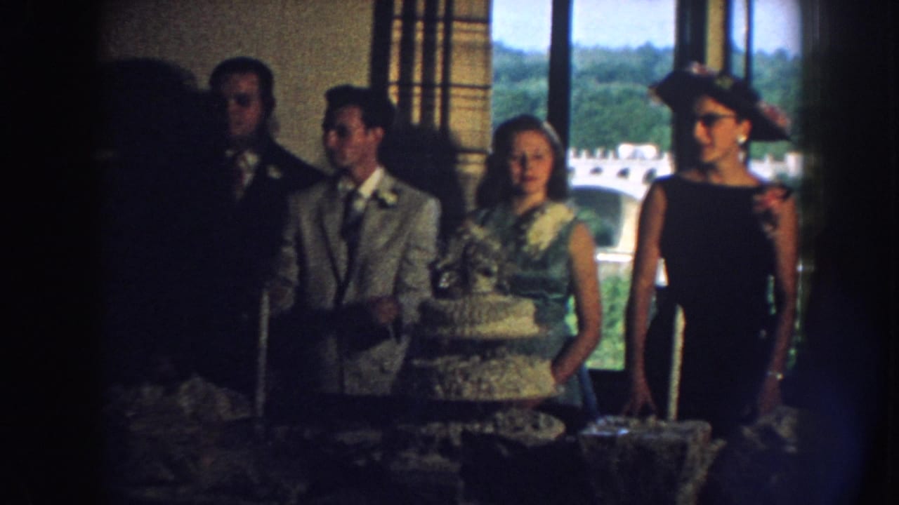 1959 Nebraska home-movie frame showing a wedding group near a tiered cake, with guests in formal clothing and windows behind them.