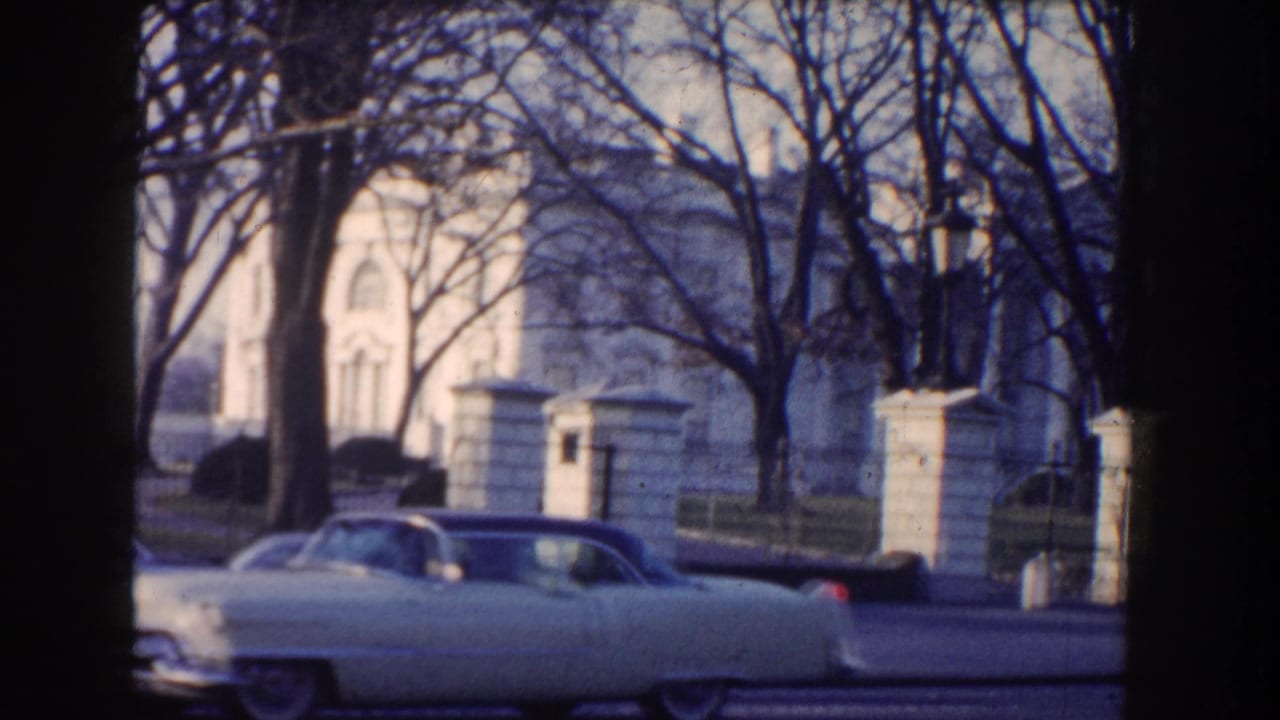Light-colored car passing the White House entrance through trees.