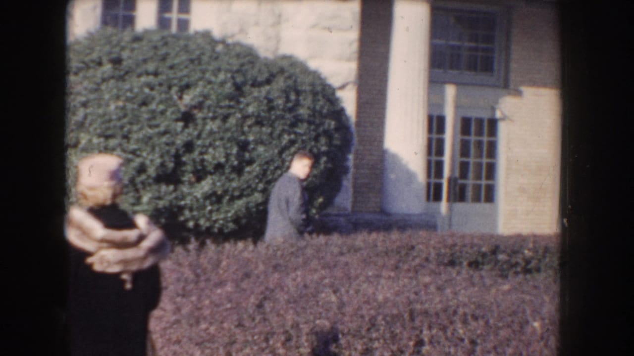 Woman in dark coat stands near a shrub while a man walks beside a classical building facade.