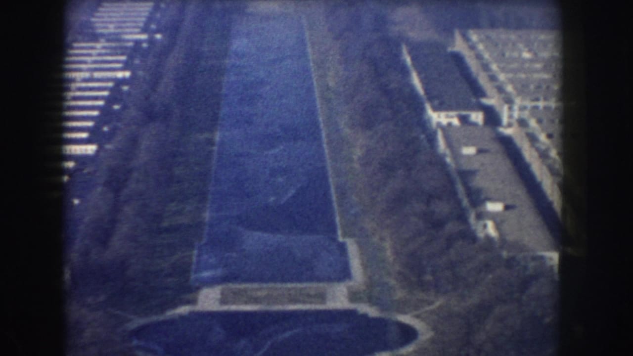 Aerial view of the Reflecting Pool and formal tree-lined grounds.