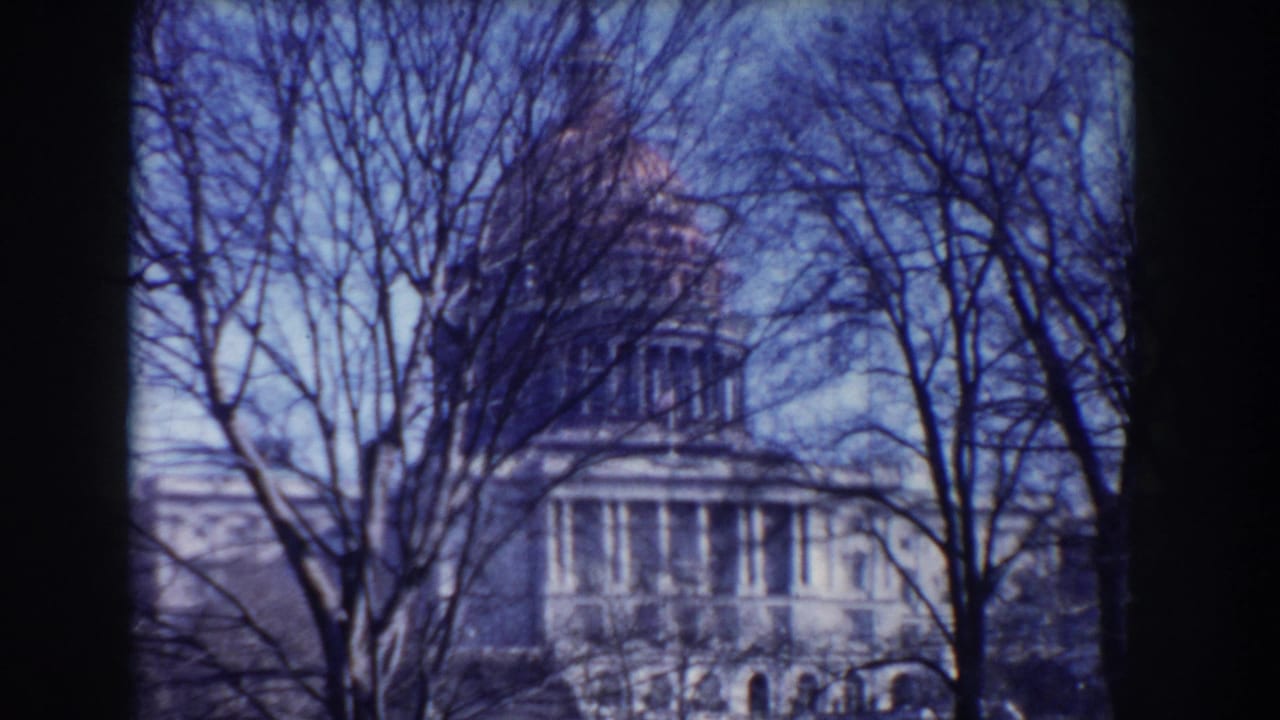 U.S. Capitol building partly obscured by bare trees, seen through dark film frame edges.