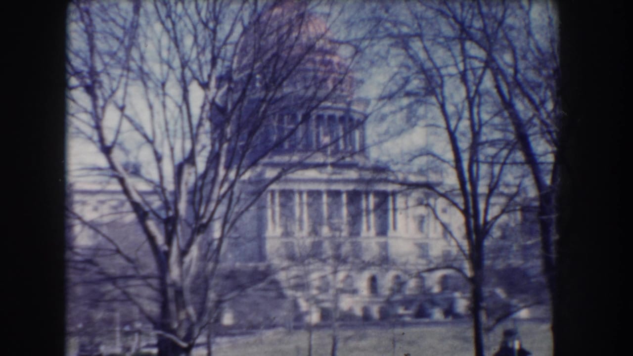 Visitor-shot 1960 view of the U.S. Capitol behind leafless branches and open lawn in Washington, DC.