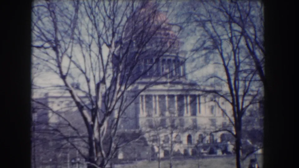 1960 home-movie frame of the Capitol building in Washington, DC, softened by branches and 8mm grain.