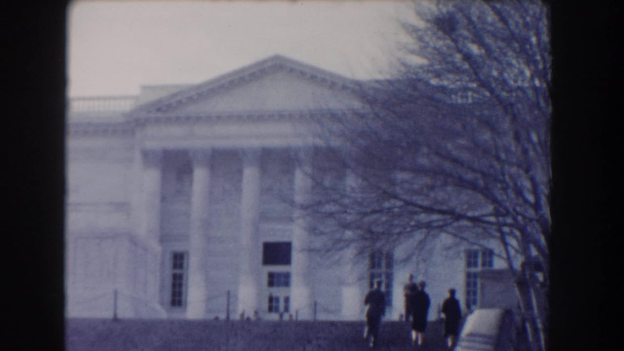 Wide view of a columned neoclassical building with steps, leafless tree branches, and small pedestrians.