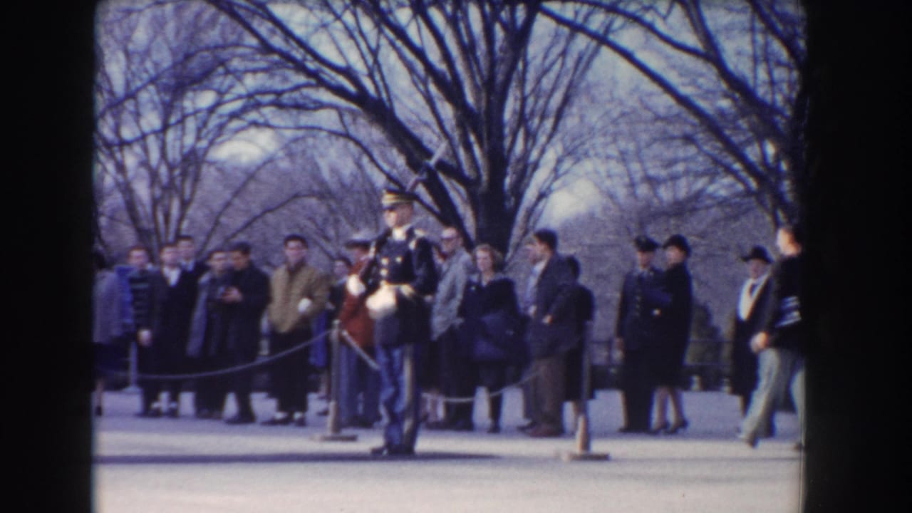 Uniformed ceremonial guard standing near civilians behind a rope barrier under bare trees.