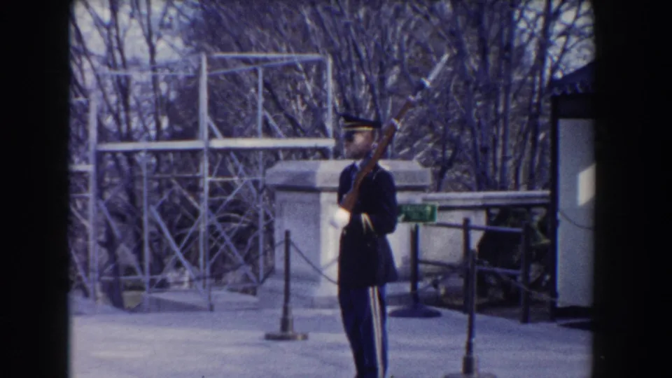 A uniformed ceremonial guard stands at attention holding a rifle near chain barriers, trees, and pale stonework in Washington, DC.