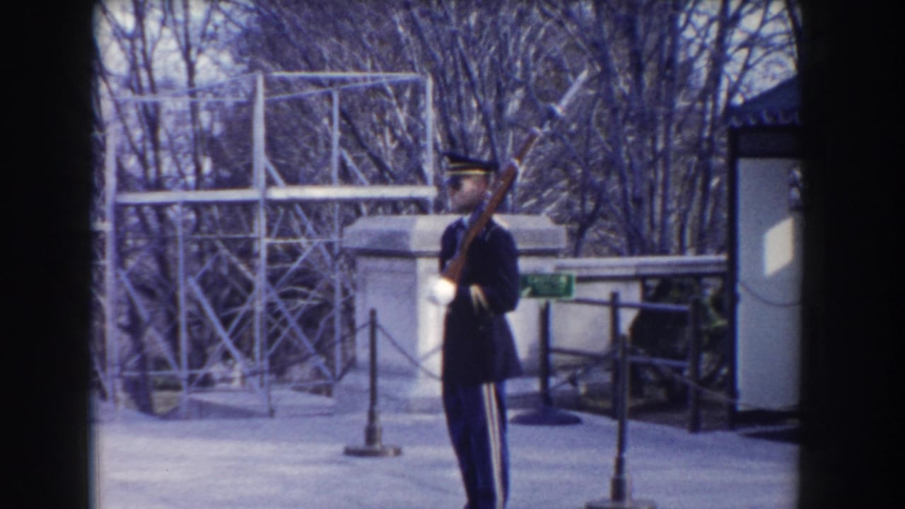 Uniformed guard holding a rifle near stanchions and a pale monument-like structure.