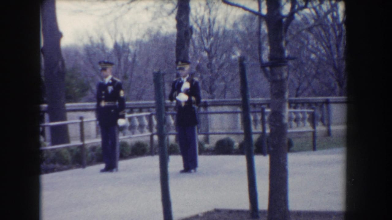 Two Marines in dress uniforms stand apart on a paved path behind foreground trees.