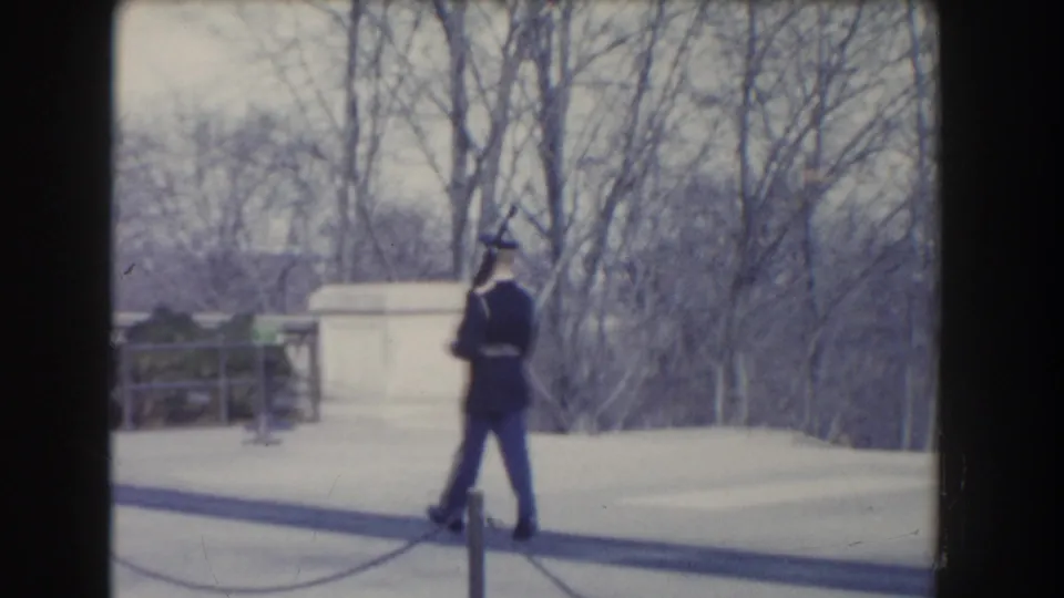 A uniformed guard is seen from behind walking along a paved overlook area framed by bare trees and stonework.