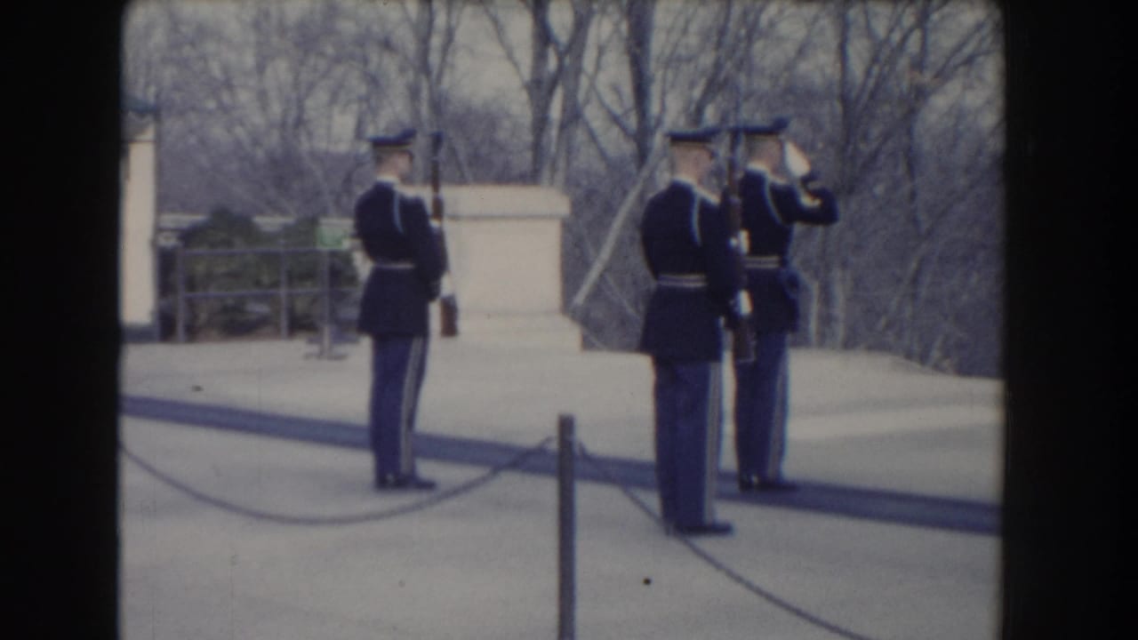 Uniformed soldiers hold rifles while one raises an arm in salute.