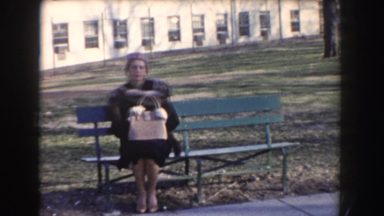Woman in dark coat and hat seated on a green park bench with a handbag in her lap.