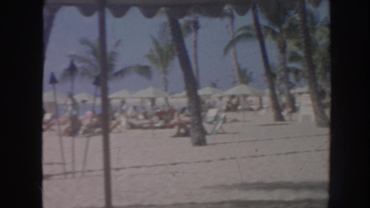 1961 Hawaii beach scene with palm trees, umbrellas, lounge chairs, and people relaxing on sand near the shoreline.