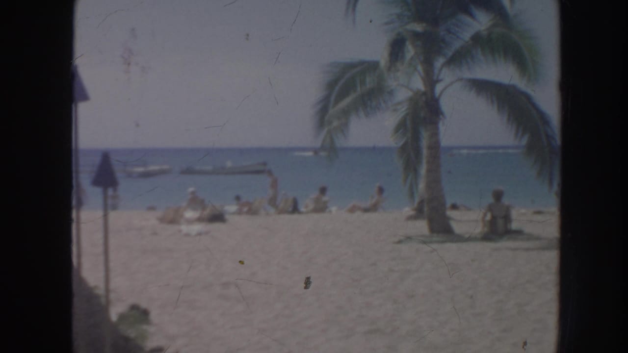 Beachgoers sit on sand near palm trees and small boats offshore.