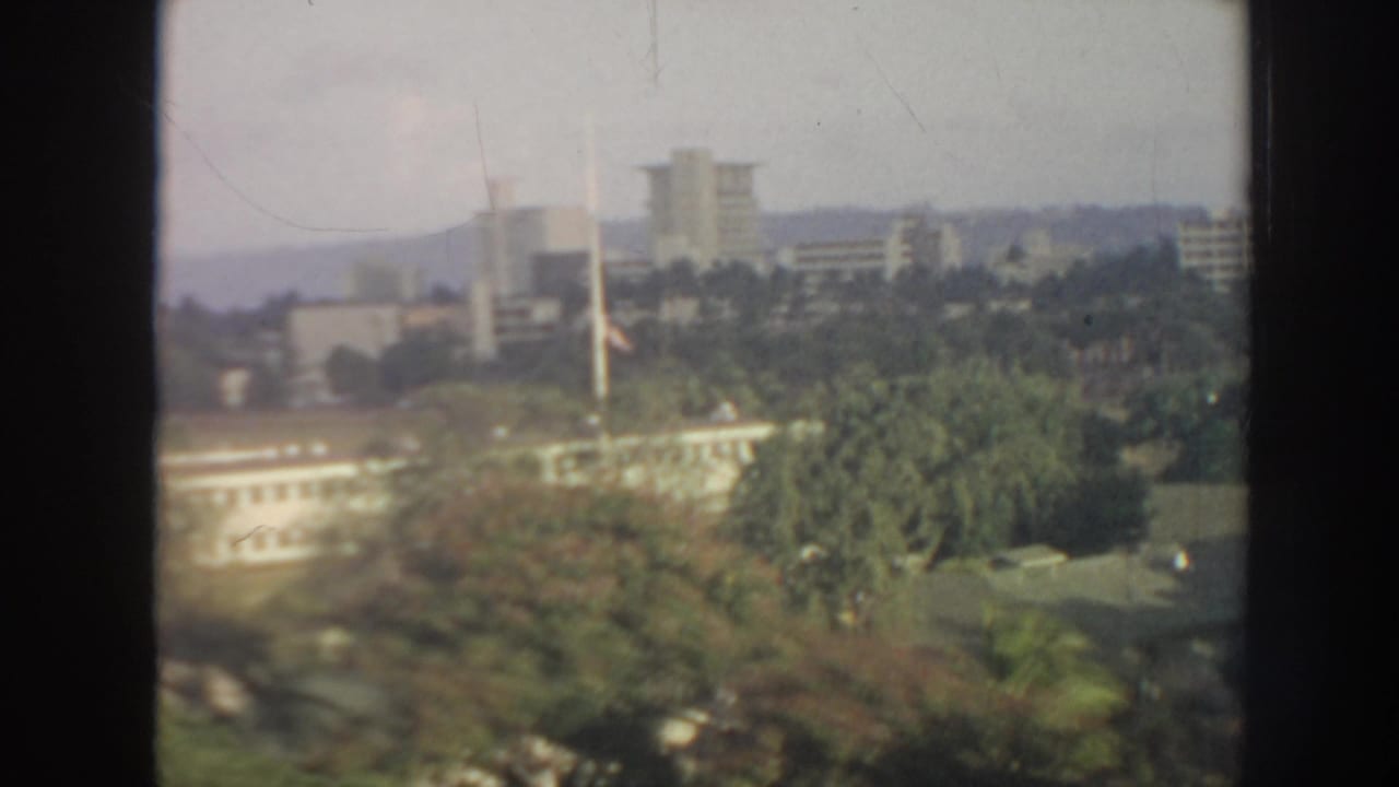 Cityscape with low buildings, towers, palms, and hazy hills in the distance.