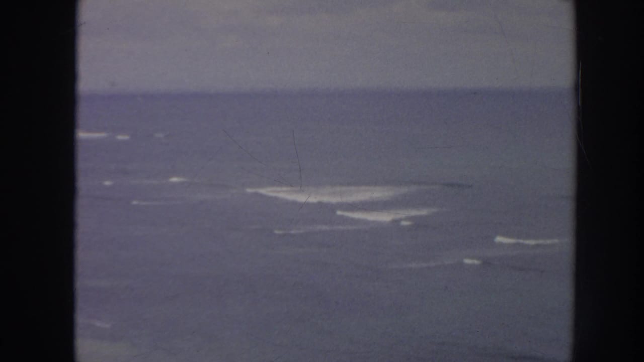 Open ocean with whitecaps and a faint distant landform near the horizon.