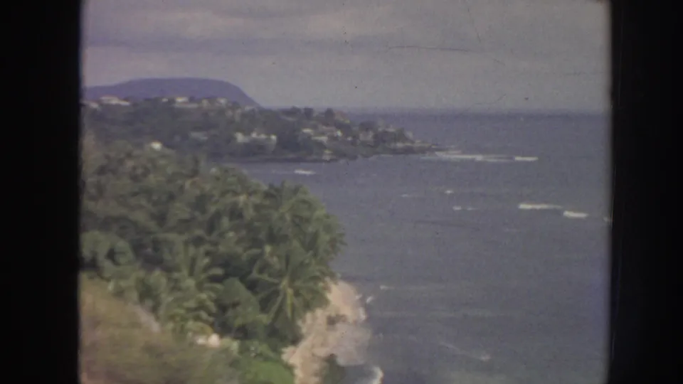 1961 Hawaii home-movie frame showing a palm-lined shoreline, narrow beach, bay water with whitecaps, and a hazy headland beyond.