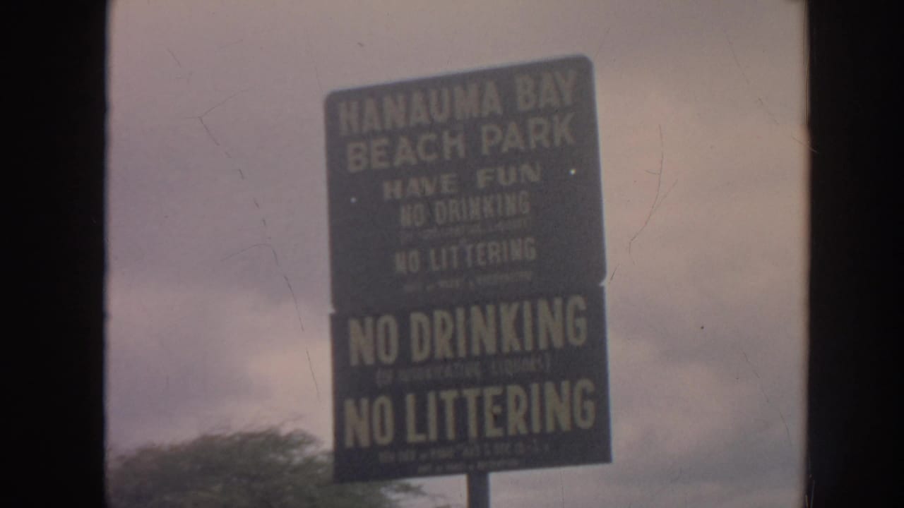 Hanauma Bay Beach Park sign against a cloudy sky.