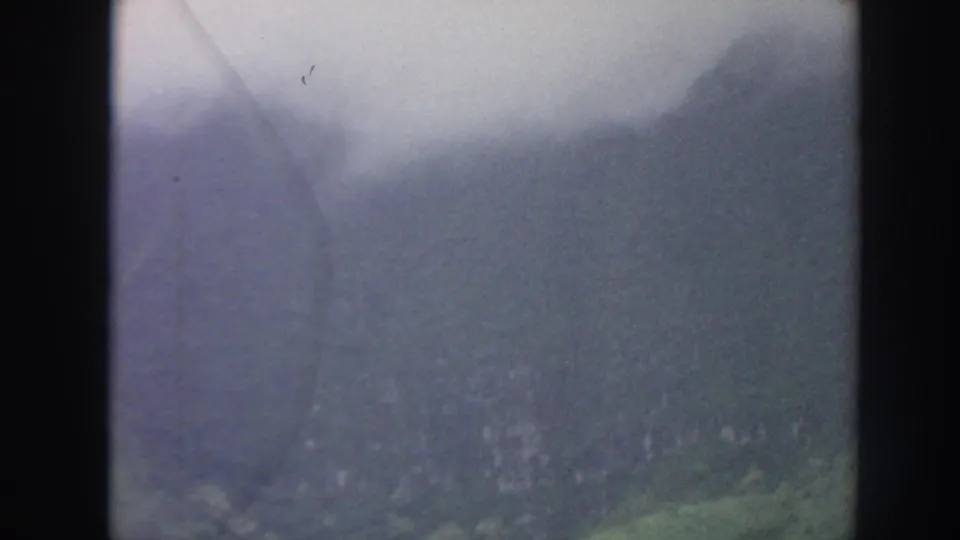 A misty mountain slope in Hawaii appears through soft 8mm exposure, with green vegetation low in the frame.