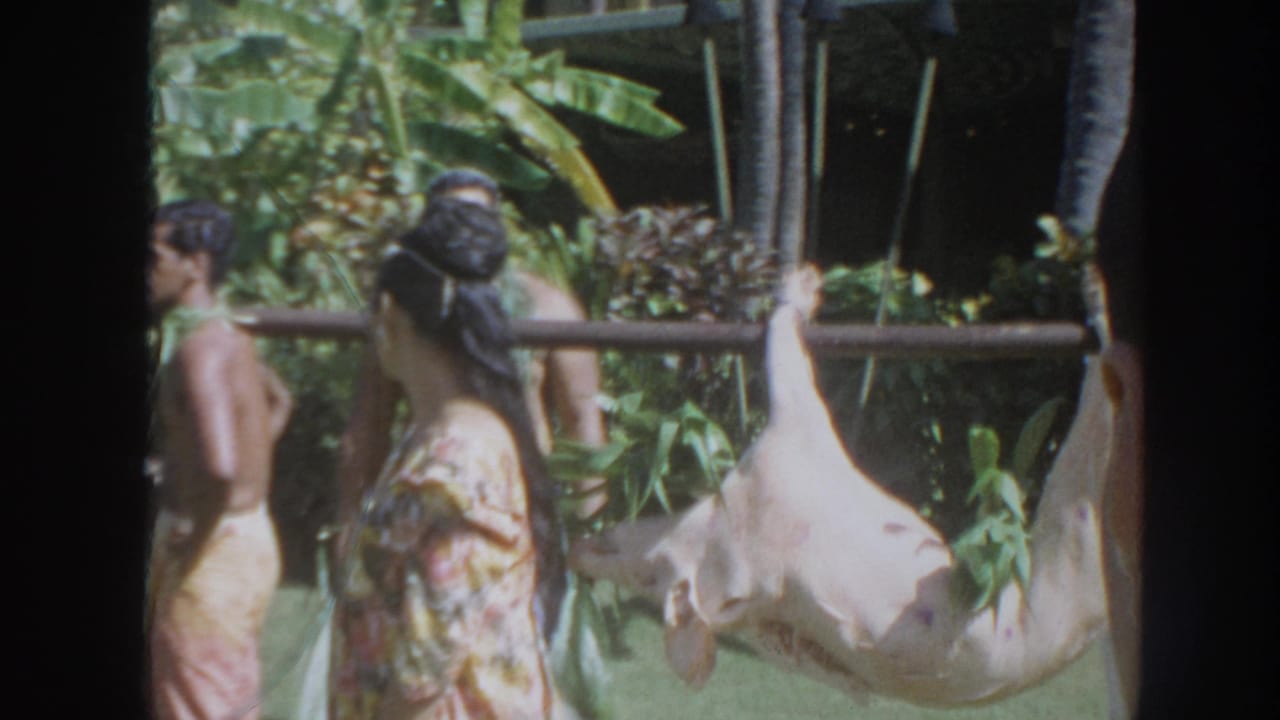 1961 Hawaii home-movie frame showing a pig roasting on a spit as people in patterned garments stand near tropical foliage.