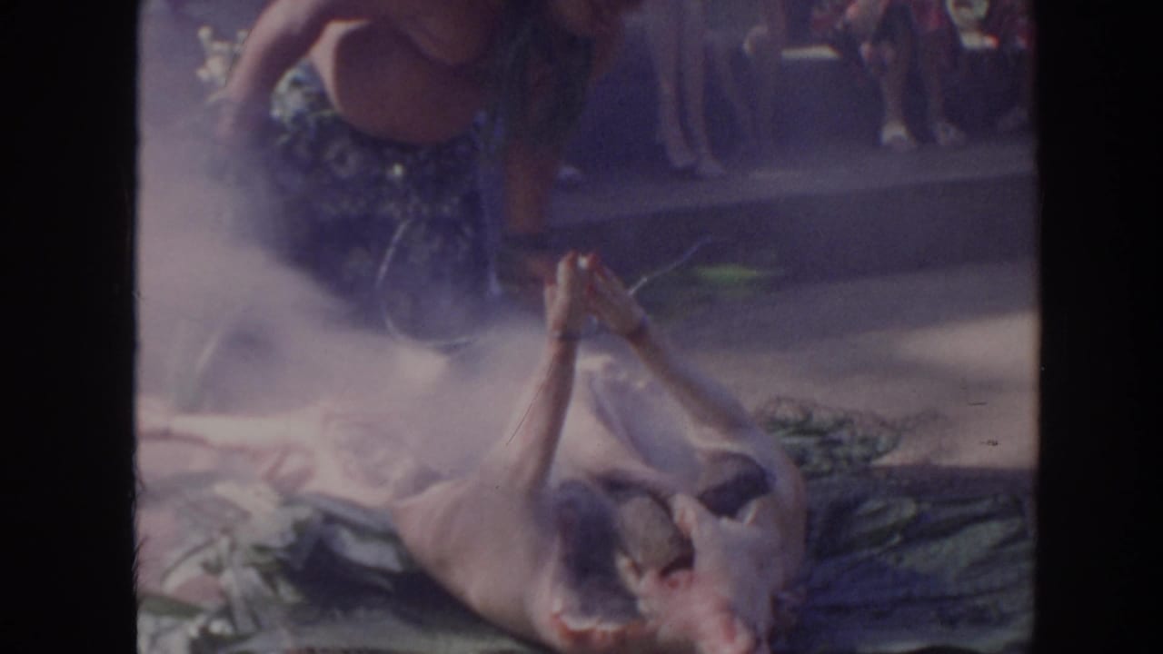 1961 Hawaii home-movie frame showing a whole pig on a tarp with smoke rising and seated onlookers behind it.