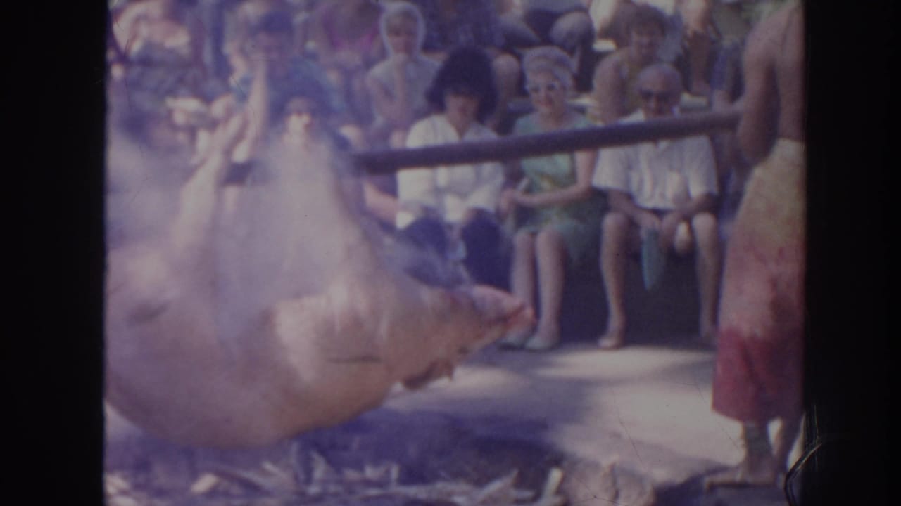 1961 Hawaii luau-style scene with a pig roasting over a smoky pit as adults sit and watch behind a rail.