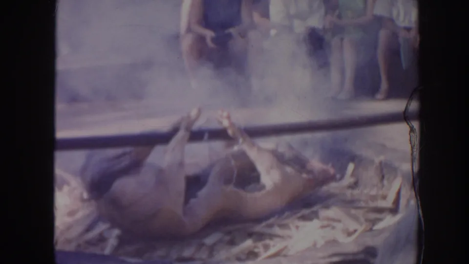 1961 Hawaii 8mm frame showing the animal on a smoky bed of leaves and wood, with onlookers seated beyond the cooking area.