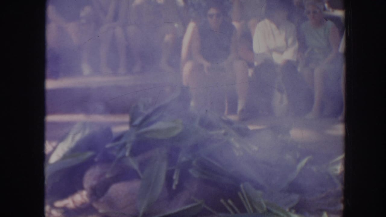 1961 Hawaii 8mm frame with smoke, tropical leaves, a partly obscured performer, and seated spectators watching a cultural ceremony or performance.