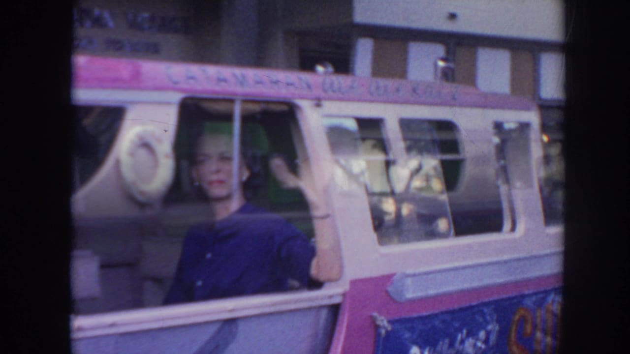 Woman in a dark dress waves from the window of a pink-and-white tour bus.