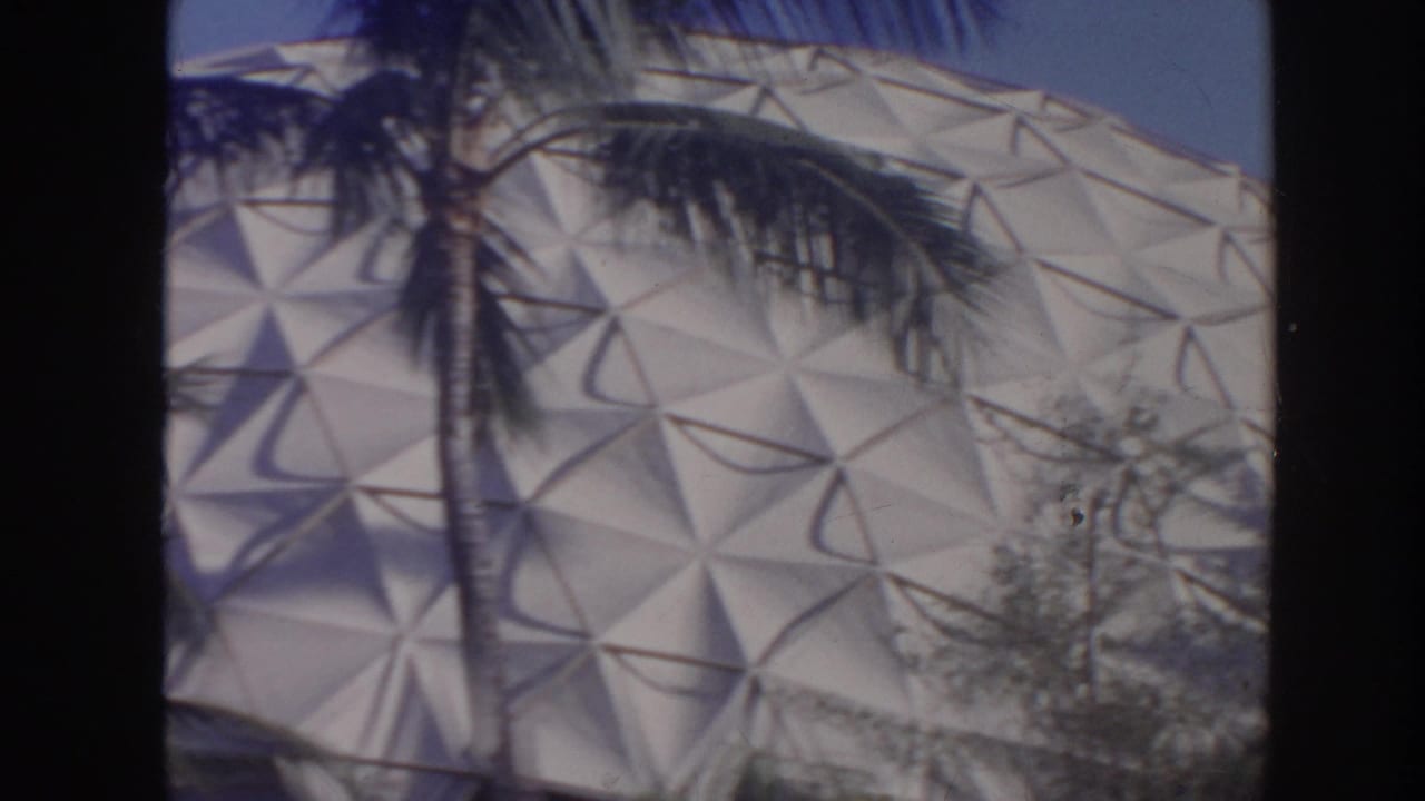 White triangular-patterned dome behind palm trees and blue sky.
