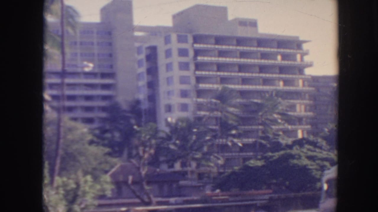 Multi-story building partly framed by palms and tropical foliage.