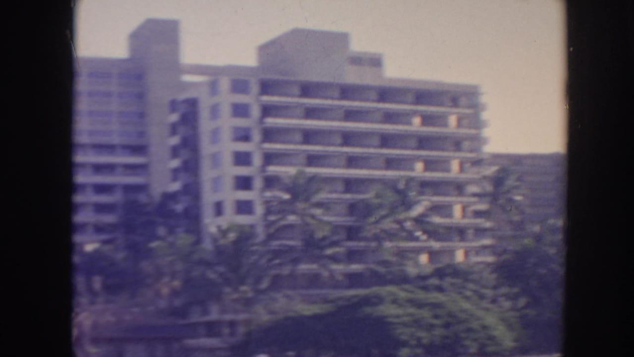 Balconied building with palms and shrubs in the foreground.