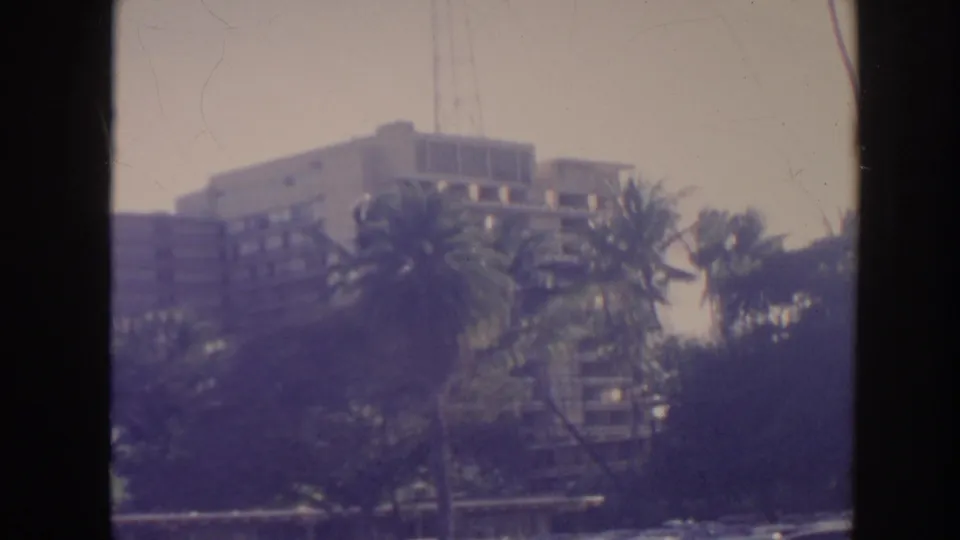 1961 Hawaii frame showing tall palms and dense landscaping before a modern multi-story building.