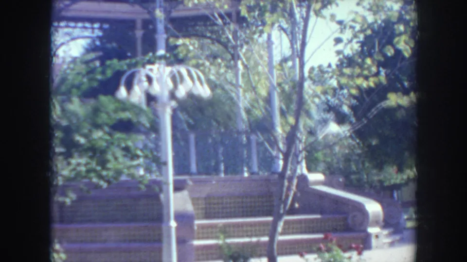 1961 home-movie garden view with a white lamppost, stone steps, trees, and bright foliage after the title card.